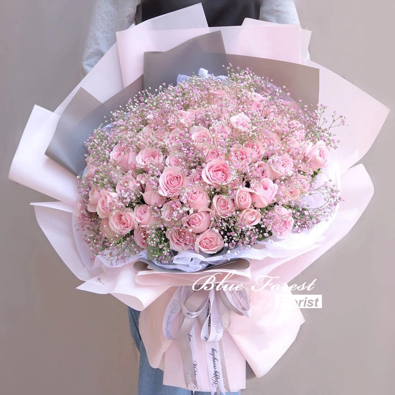 99pcs Pink Rose With Baby S Breath Bouquet Blue Forest Florist