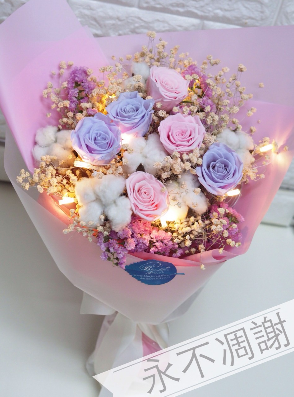 保鲜•爱*永不凋谢玫瑰保鲜花花束(淺紫色+粉红色)