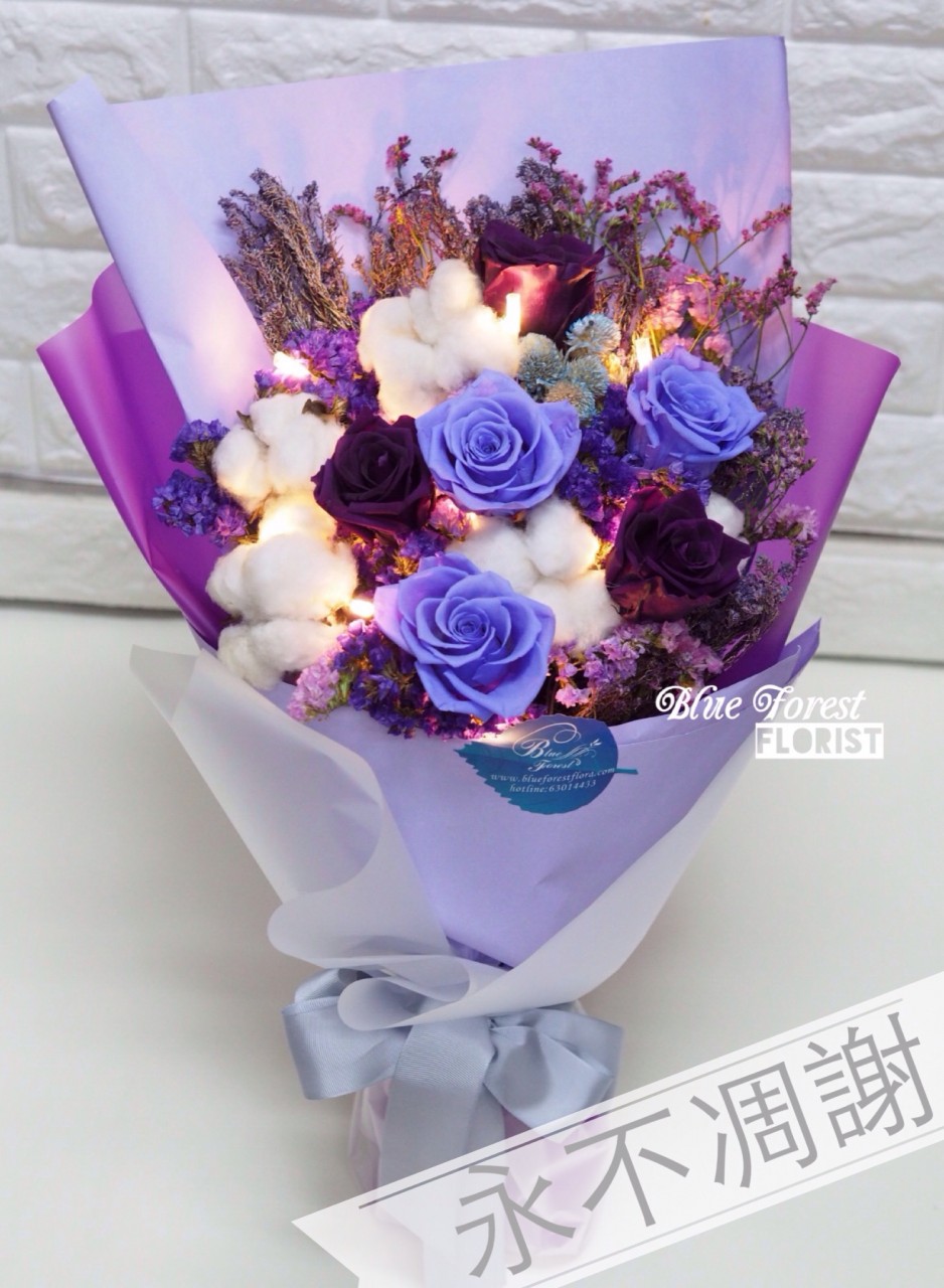 保鲜•爱*永不凋谢玫瑰保鲜花花束(深紫色+紫色)
