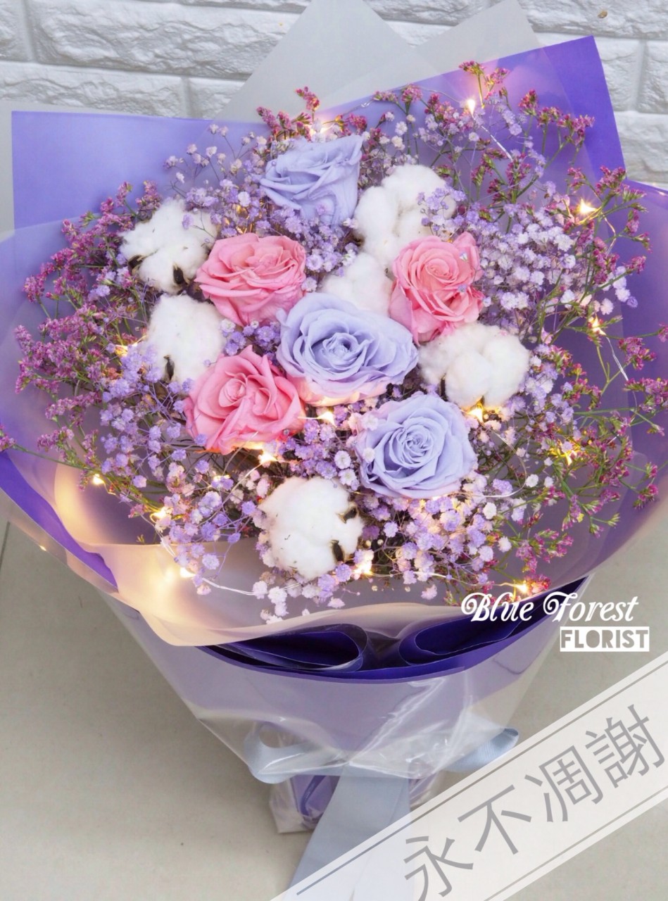 保鲜•爱*永不凋谢玫瑰保鲜花花束(淺紫色拼粉红色)