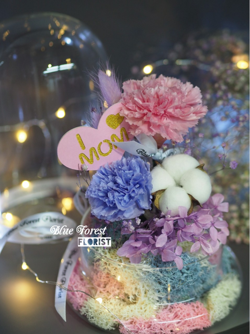 Mother's day精選 *玻璃罩康乃馨棉花保鮮花（淺紫/粉紅）*可免費刻上名或祝福字句
