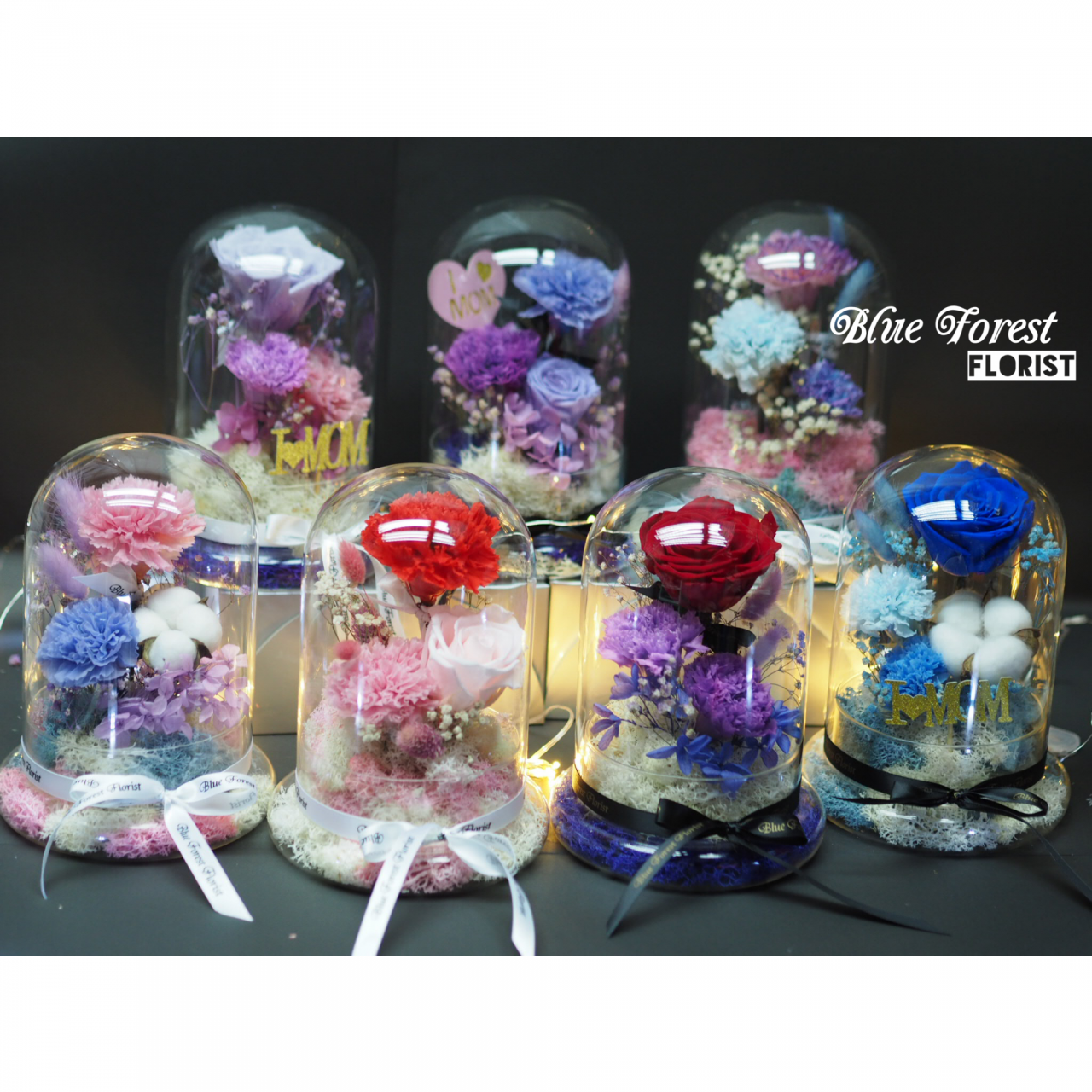 Mother's day精選 *玻璃罩康乃馨棉花保鮮花（淺紫/粉紅）*可免費刻上名或祝福字句