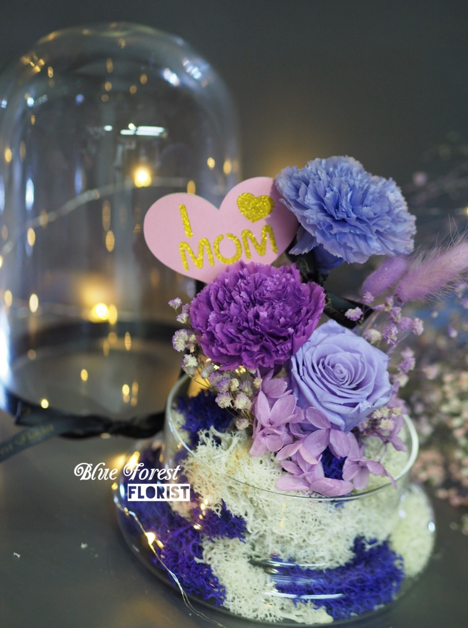 Mother's day精選 *玻璃罩康乃馨玫瑰保鮮花(深紫/淺紫)*可免費刻上名或祝福字句