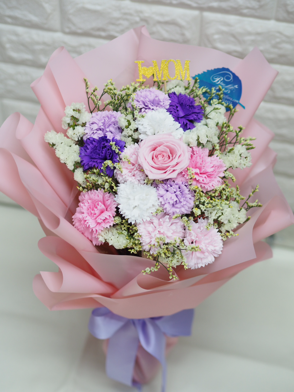 可永久保存*玫瑰保鮮花配康乃馨番梘花花束(粉紅色系)