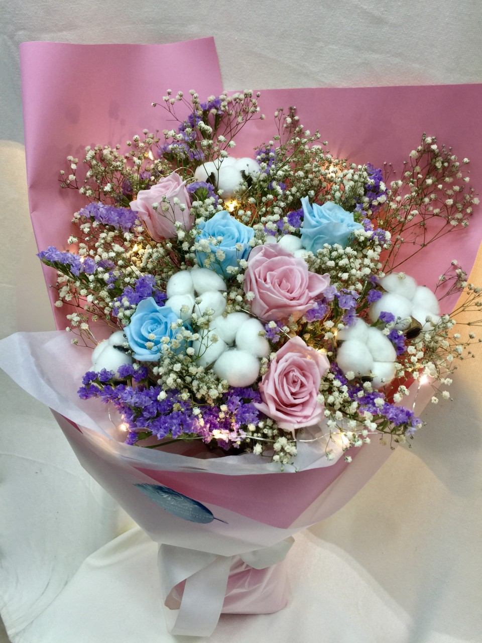 保鲜•爱*永不凋谢玫瑰保鲜花花束(淺蓝色+粉红色)*